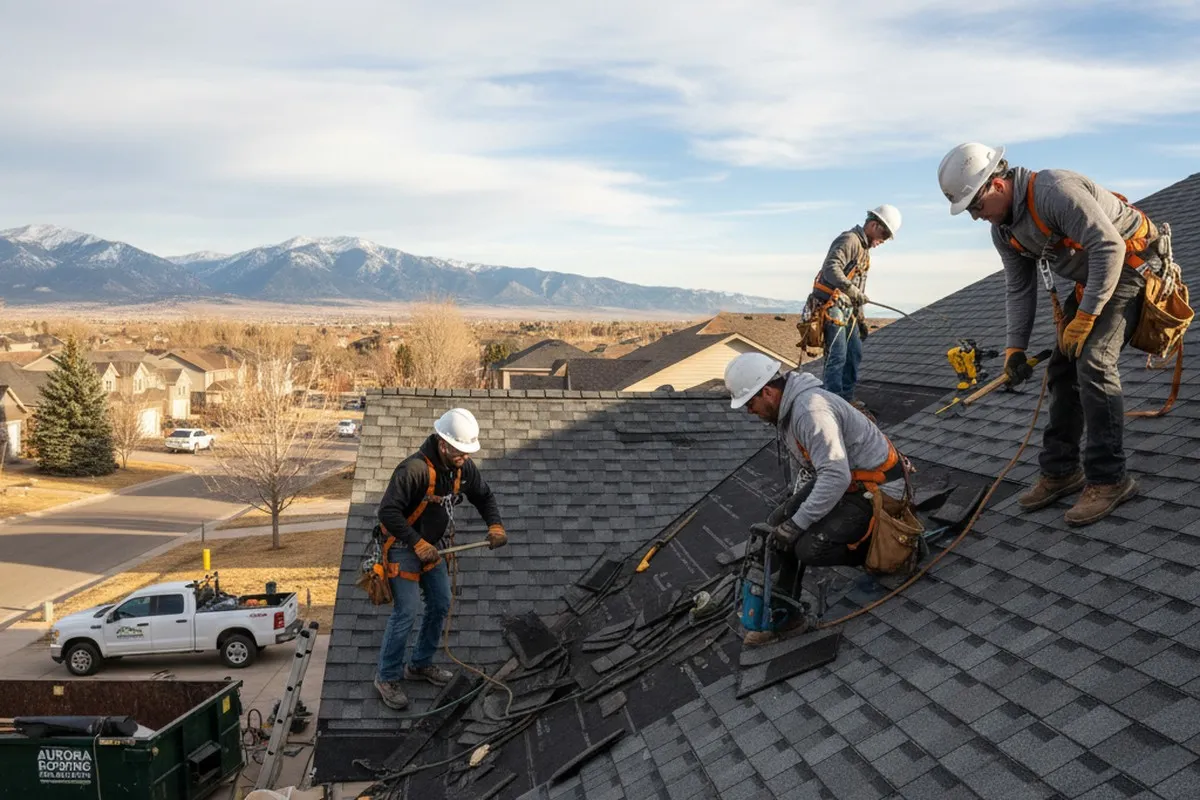 Roofing contractors installing new shingles on Aurora CO home for vinyl siding and roof replacement