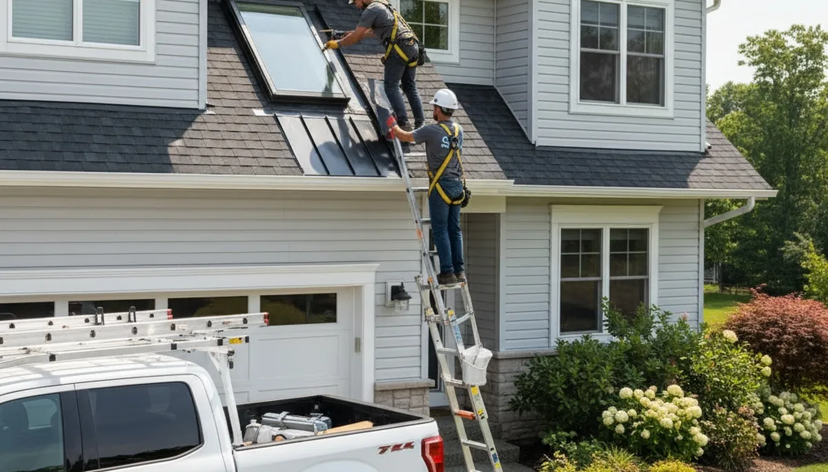 Technician repairing vinyl siding and skylight on Aurora CO home exterior