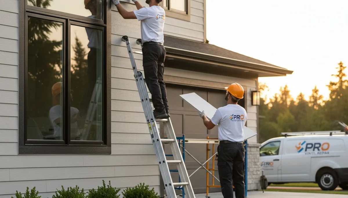Technician repairing vinyl siding on Aurora CO home exterior damaged by hail and wind